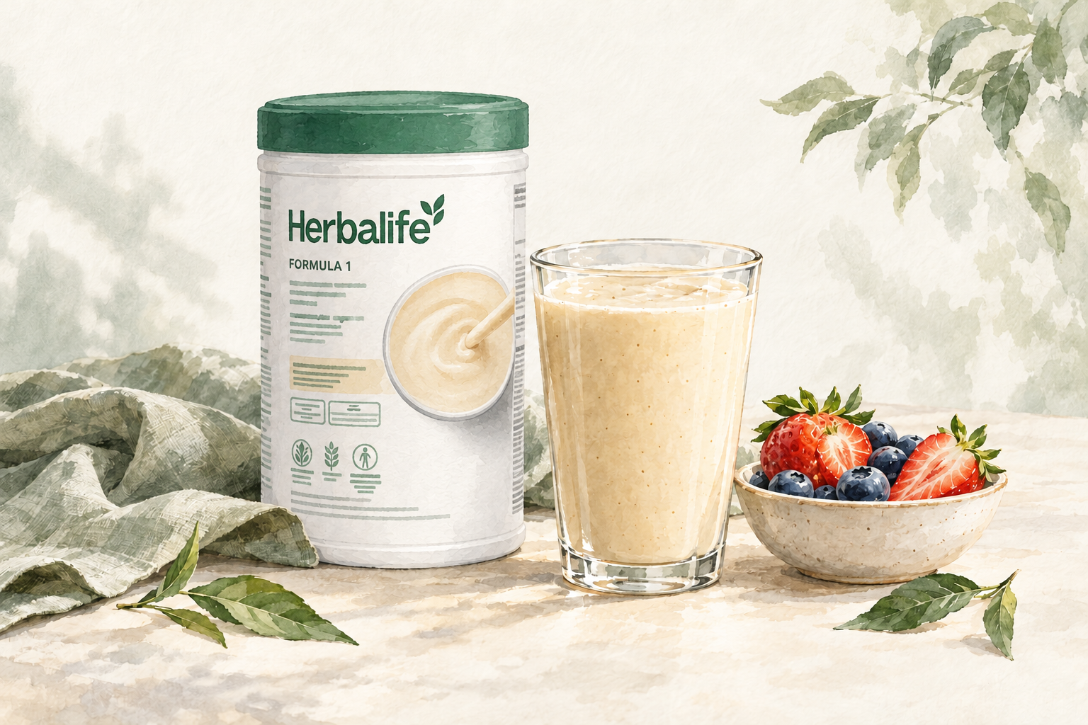 Jemná ilustrace Herbalife Formula 1, vanilkového koktejlu a misky ovoce