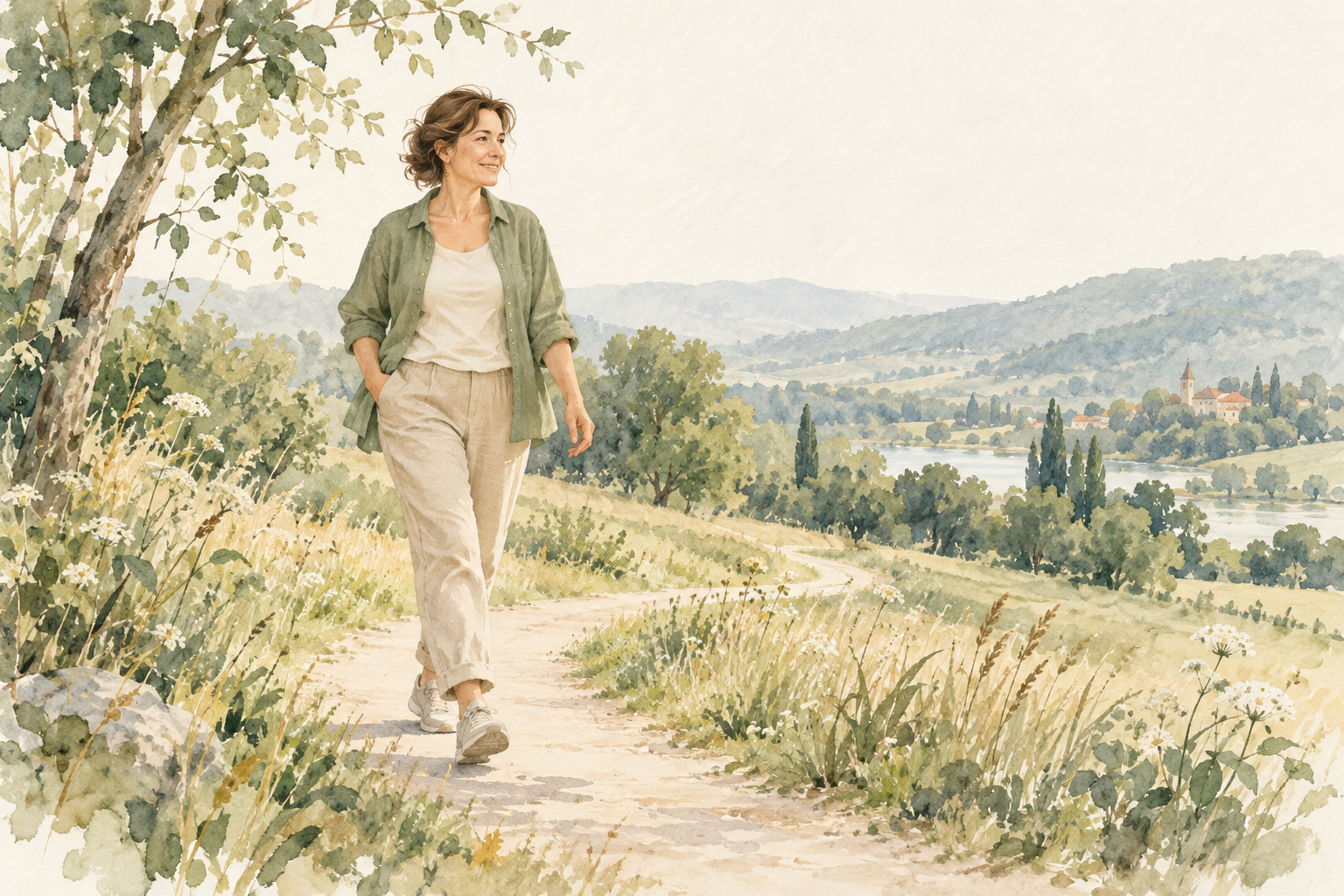 Akvarelová ilustrace ženy na klidné procházce přírodou